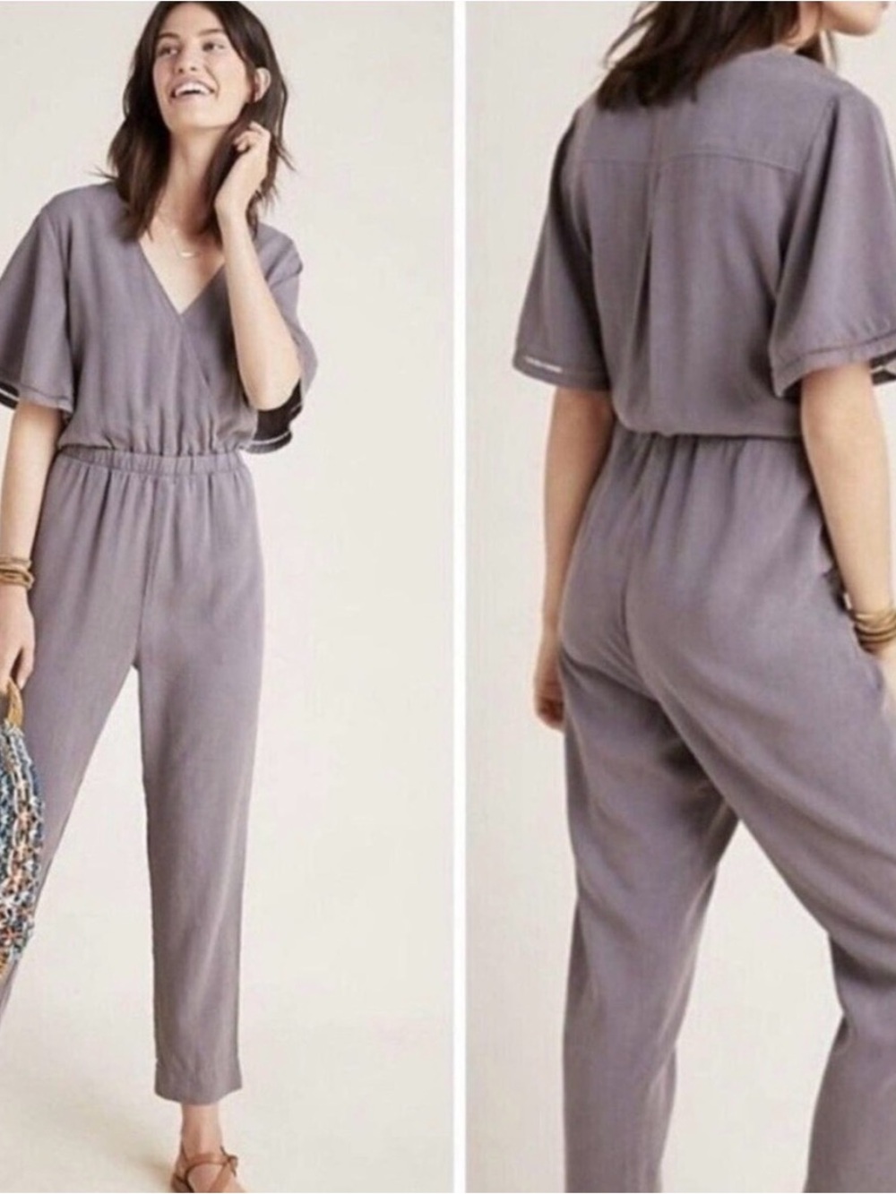 Anthropologie Taupe Gray V-Neck Elastic Waist Jumpsuit